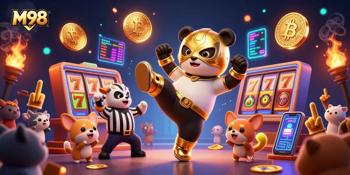 M98 slots action featuring a panda wrestler and crypto elements in a lively cartoon scene
