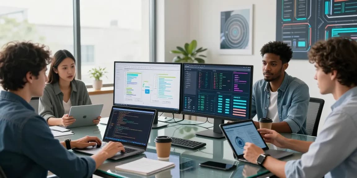 Team using AI productivity tools in a modern workspace with laptops and digital tablets for collaboration.