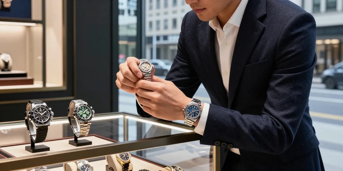 Discover premium super clone watches in a stylish urban watch store, showcasing luxury craftsmanship.