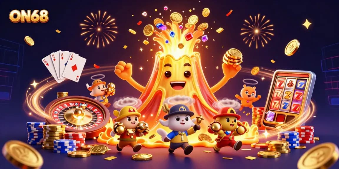 Join the excitement at ON68 with treasures erupting from a golden volcano, surrounded by festive casino elements.