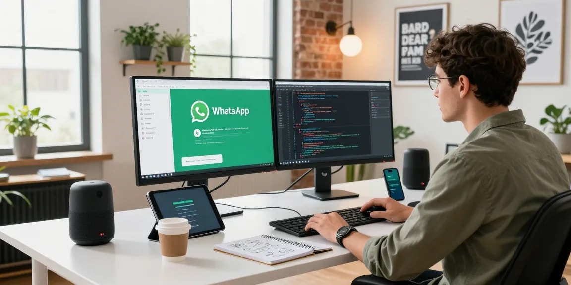 Dynamic modern workspace showcasing WhatsApp下載 on dual screens with a tech-savvy environment.