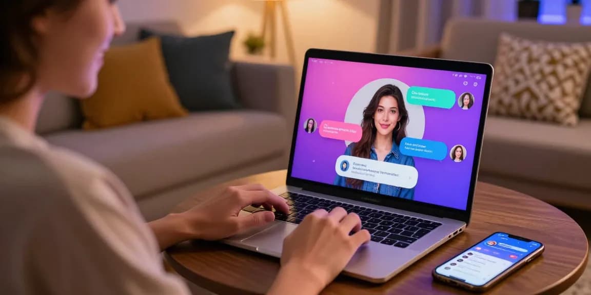 AI sex chat interaction on laptop in cozy setting, showcasing vibrant avatars and playful conversation bubbles.
