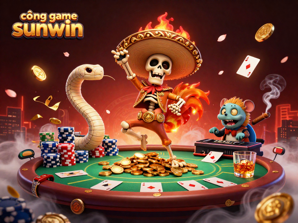 Engage with cổng game sunwin in a lively 3D casino scene featuring animated characters and vibrant elements.