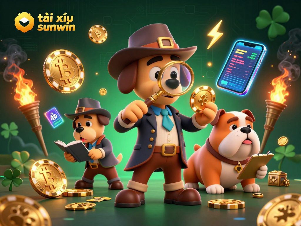 Engage in tài xỉu sunwin with a dynamic scene featuring a detective and bulldog uncovering treasure clues.