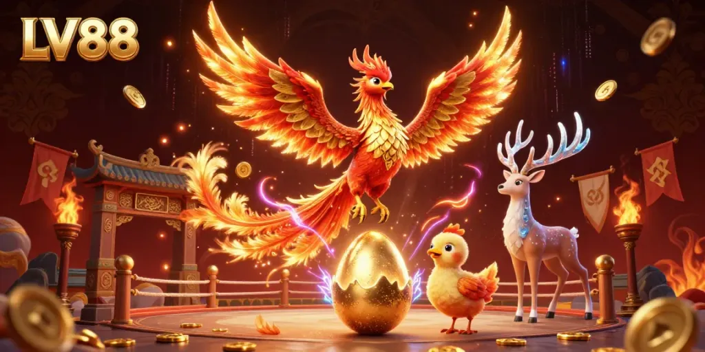Engaging LV88 gambling scene showcasing a fiery phoenix and a mystical stag amid casino elements