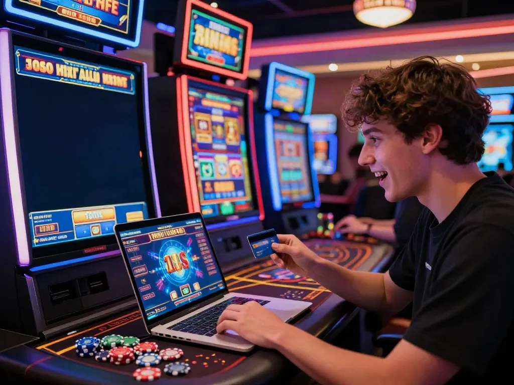 Excited player at credit card online casinos engaging with vibrant gaming interface and colorful slots.
