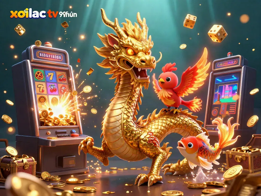 Xoilac tv 90 phút features a thrilling 3D scene with a golden dragon, phoenix, and koi fish in a vibrant gambling atmosphere.