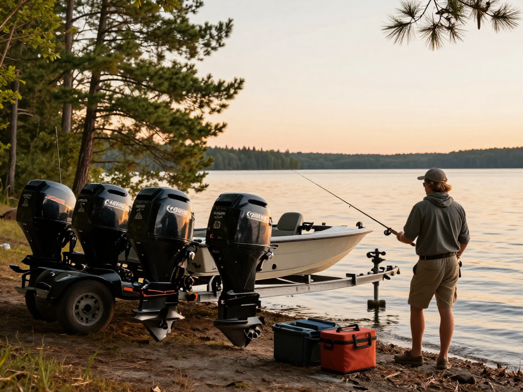 Explore used outboard motors for sale USA displayed by a lakeside at sunset.