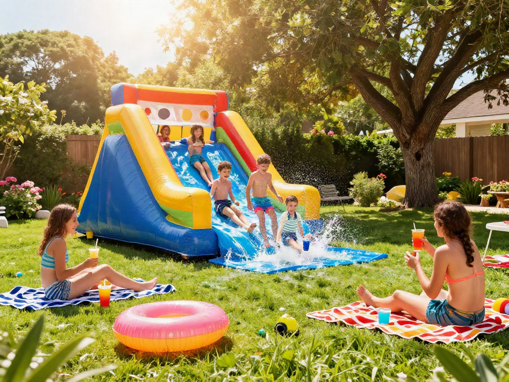 Children joyfully slide in the water on an inflatable slide during summer in a vibrant backyard