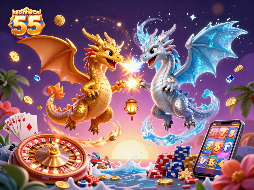 Engage in thrilling action with keo nha cai 55, showcasing fiery and icy dragons amid a vibrant casino scene.