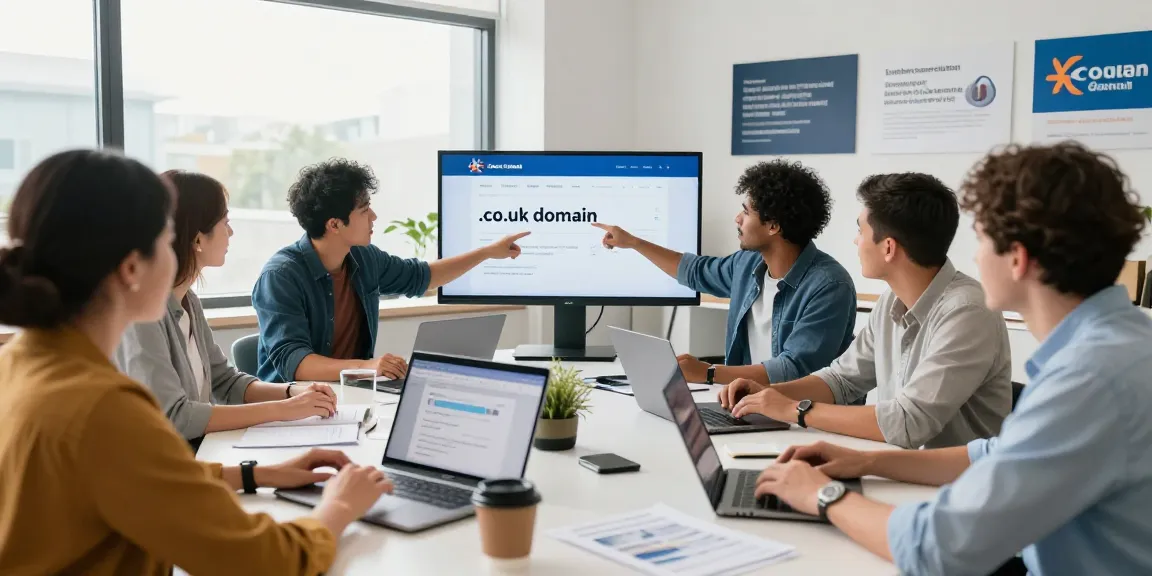 Team collaborating on strategies to buy .co.uk domain in a bright office.