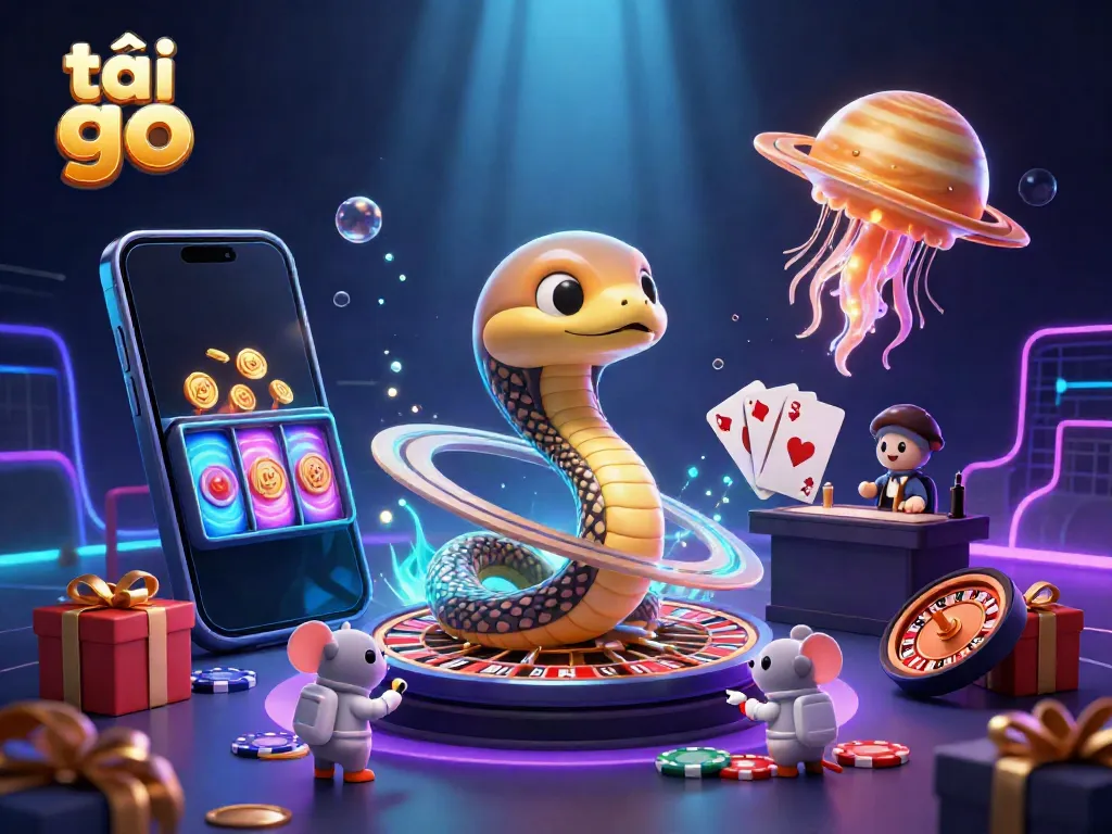 Engage in the excitement to tải go 88 with a cosmic gambling scene featuring a Saturn ring snake, astronaut mice, and a golden jellyfish.