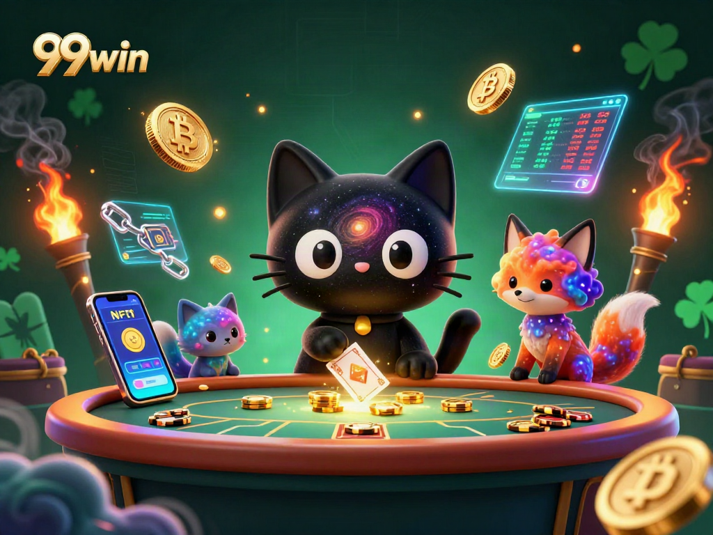 Experience the magic of 99win with a cosmic casino scene featuring captivating characters and vibrant gaming elements.