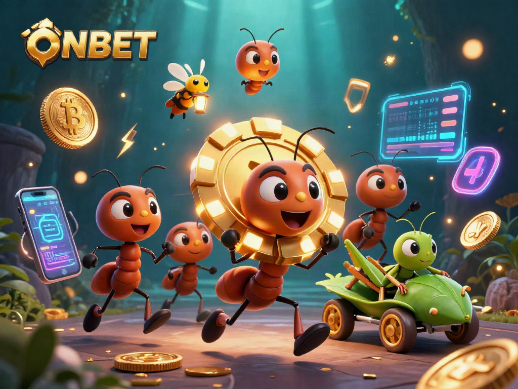 Engage with ONBET's playful heist scene featuring ants carrying a massive poker chip amidst crypto-themed elements.
