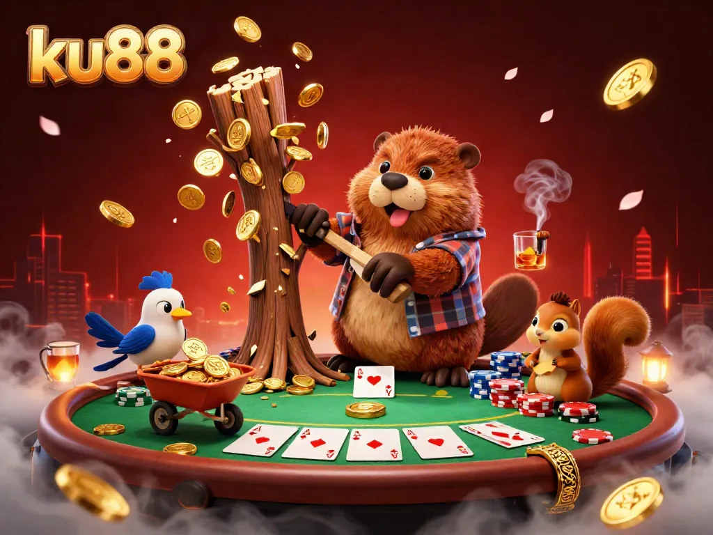 Celebrate wins at ku88 with a vibrant 3D cartoon scene featuring a beaver and friends amidst casino elements.