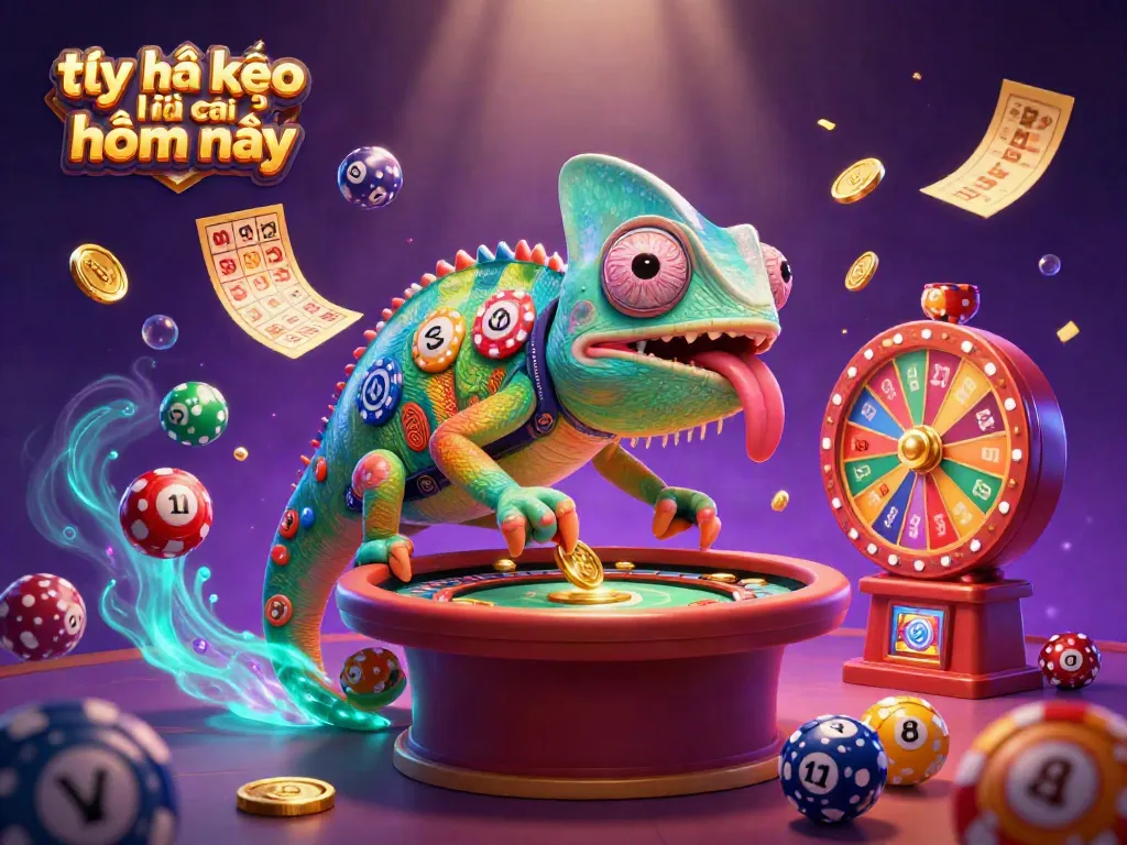 Tăng tỷ lệ kèo nhà cái hôm nay with vibrant chameleon and casino elements in a dynamic setting.