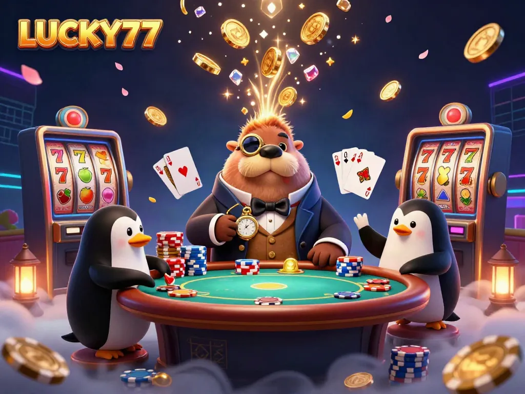 Experience the thrill of LUCKY77 with a playful walrus, penguin dealer, and pufferfish at a vibrant casino.