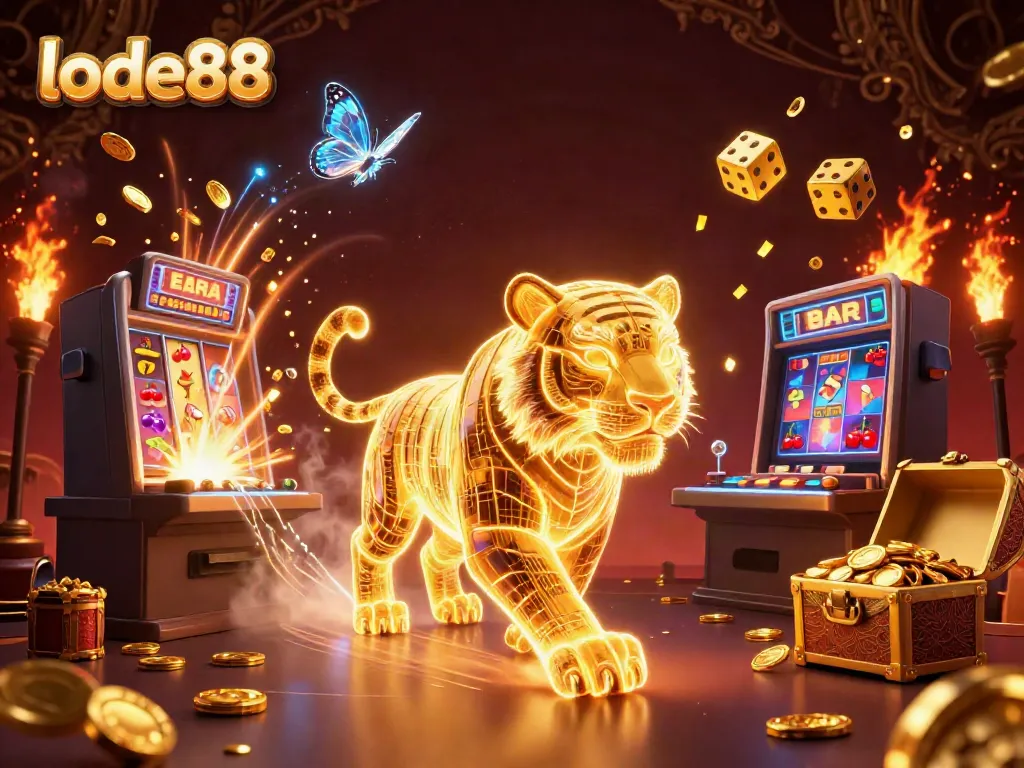 Experience the lode88 casino with a vibrant scene featuring a golden tiger, bursting slot machines, and gaming excitement.