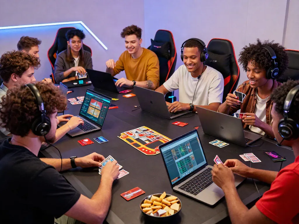 Diverse friends enjoying online gaming at the best credit card casinos in a vibrant setting.
