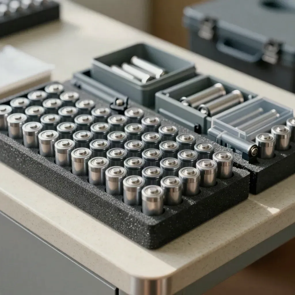Rows of lithium cells in foam trays with a rejection bin and shipping case.