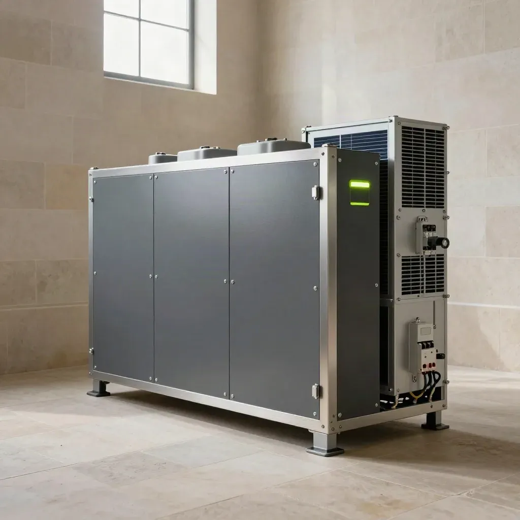 Lithium battery bank and inverter stack in a pale stone back room, lit by daylight haze.