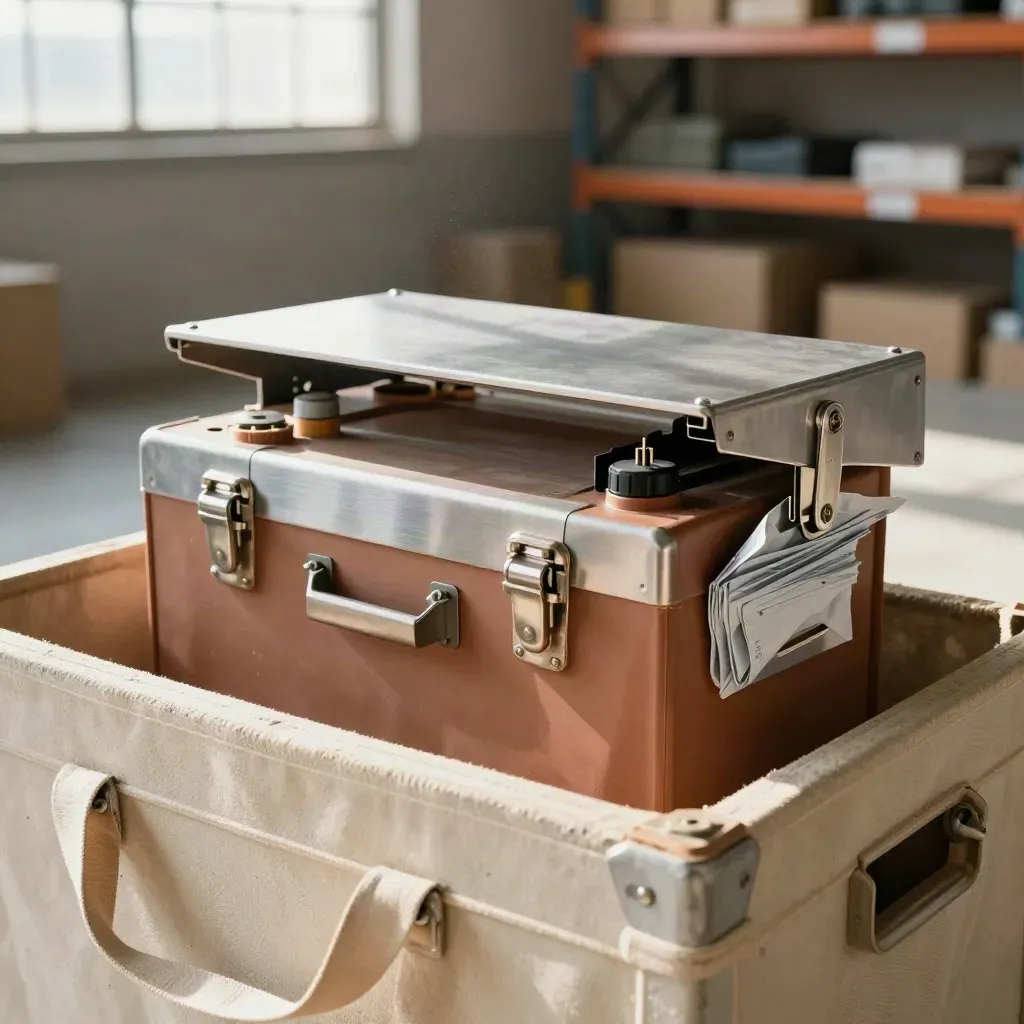 End-of-life lithium pack in a fireproof crate with caps, discharge plug and return tote in a warehouse bay.