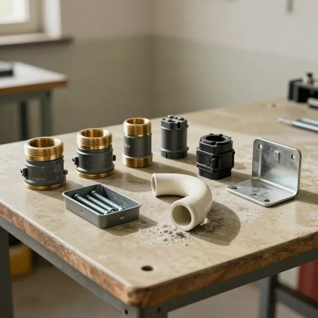 Cable glands, ferrules, conduit bends, breaker, and brackets on a dusty workbench