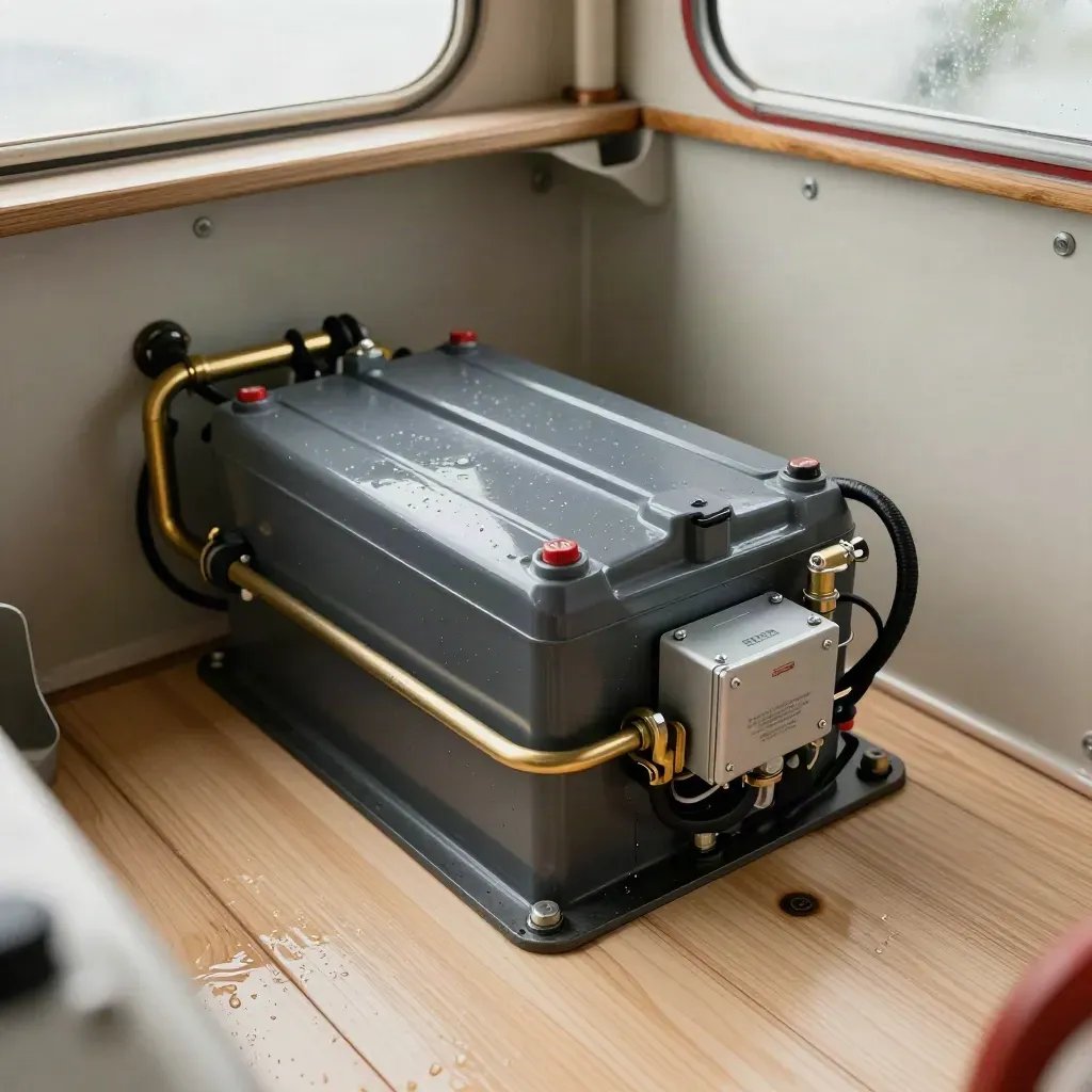 Slim lithium battery pack installed in a narrowboat engine bay with brass pipes and braided cabling.