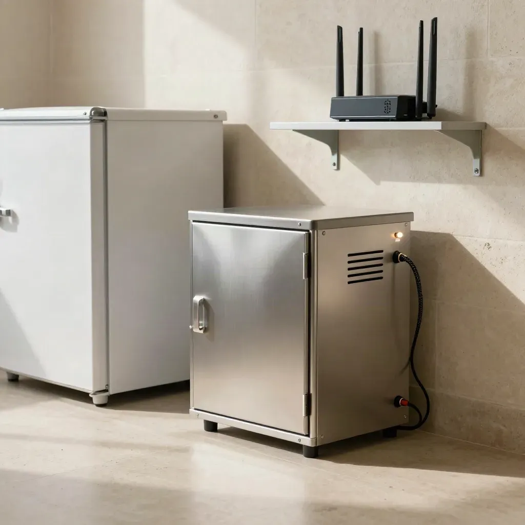Battery backup cabinet beside a medical fridge and router in a clinic utility alcove