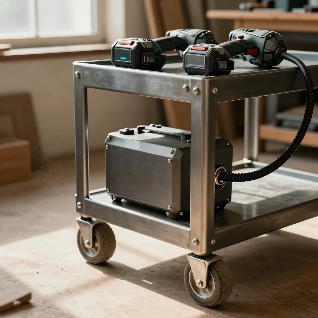 Charged workshop cart with lithium battery, cables and cordless tools beside a workbench