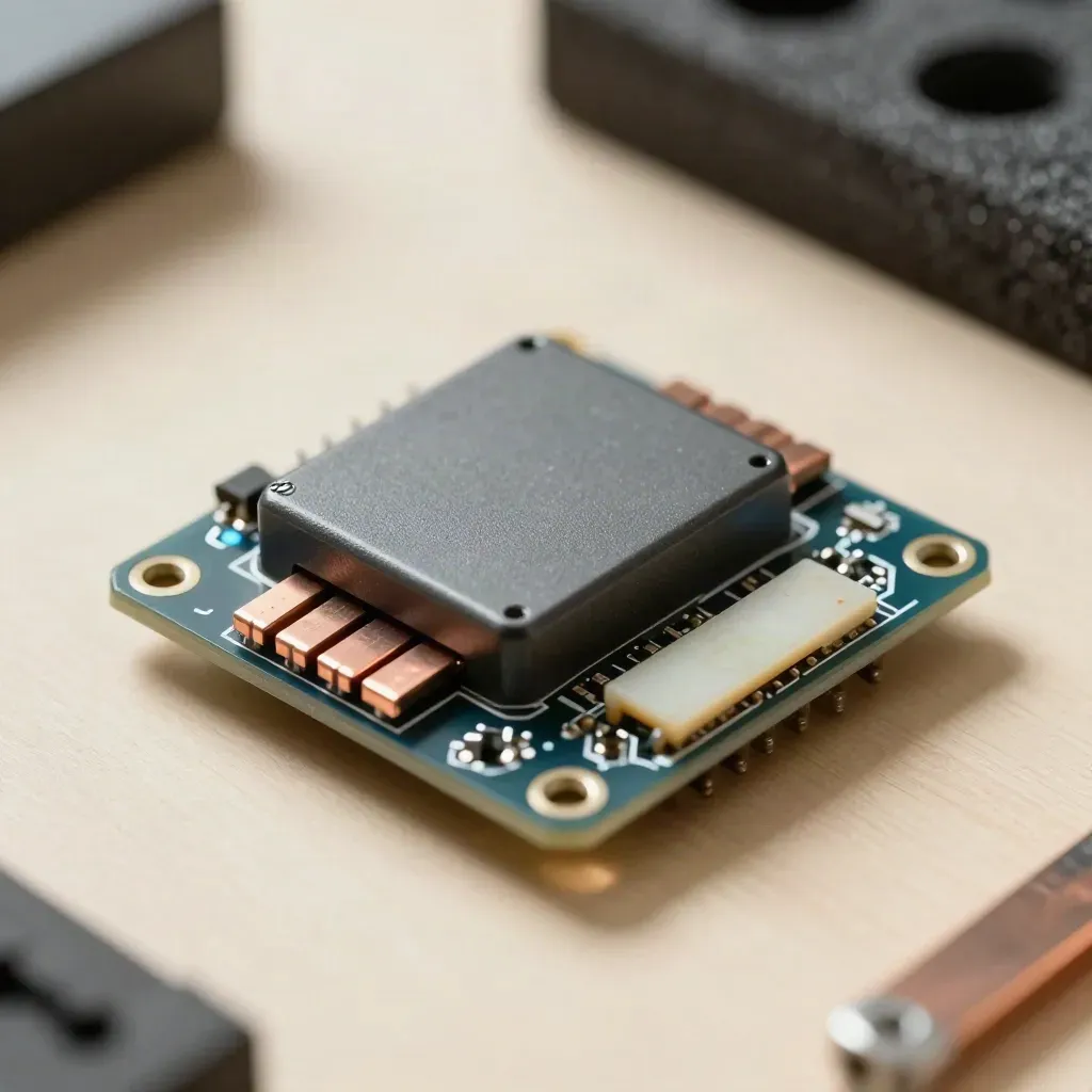 Macro of battery design parts: BMS board, busbars, spacers and foam mock-up.