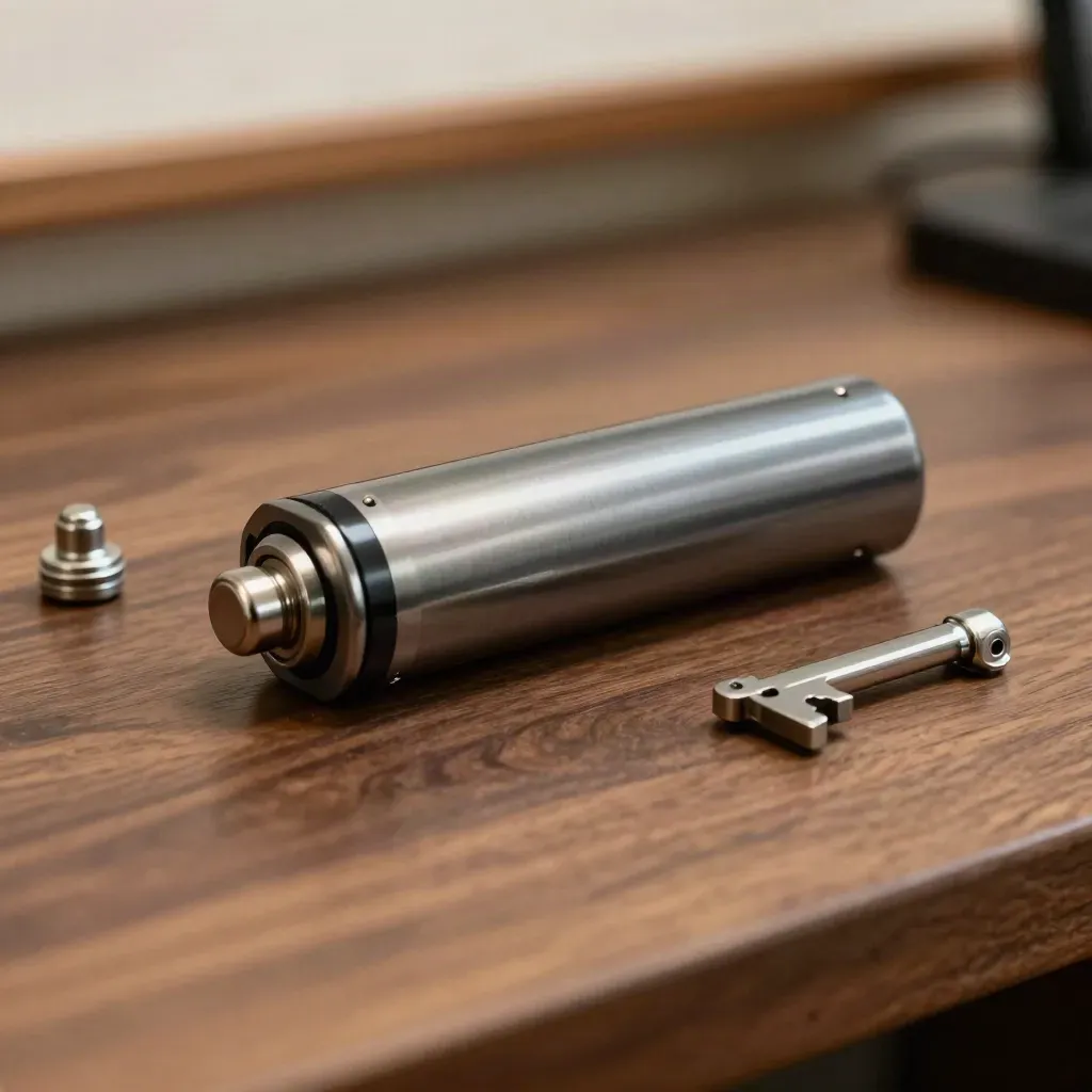 Graphite battery enclosure sample and anodised hardware on walnut in dramatic studio light.