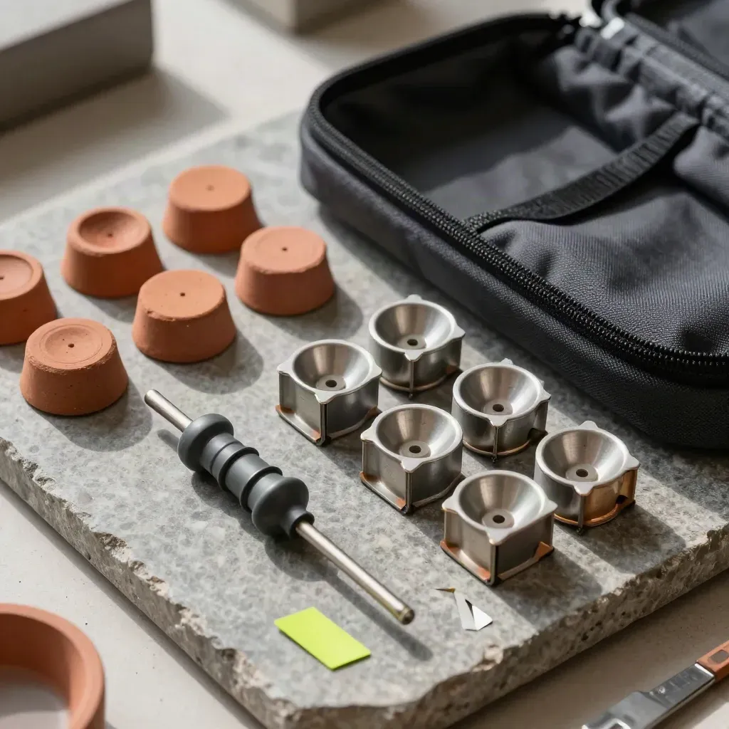 Top-down spread of battery recycling parts on stone with lime accents and a transit tote