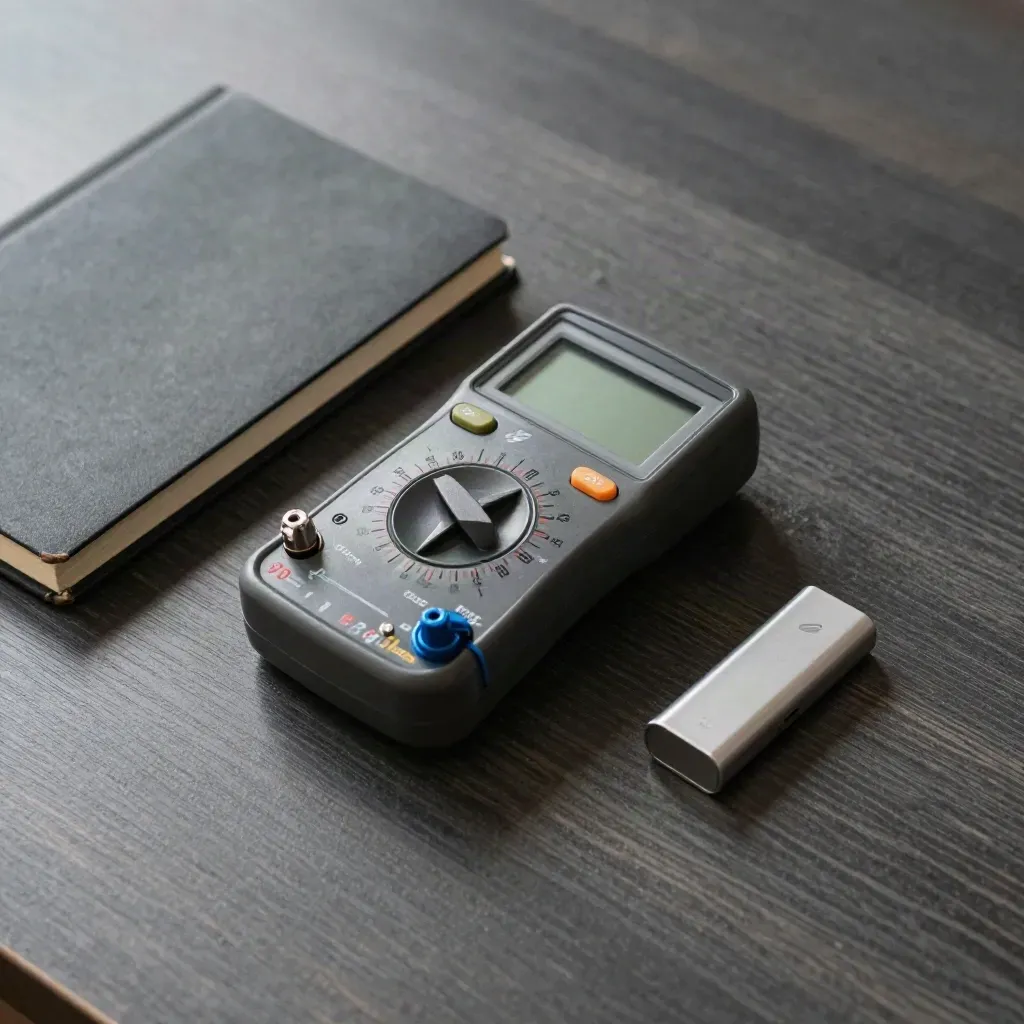 Top-down multimeter, notebook, connector and cell case on a dark desk.