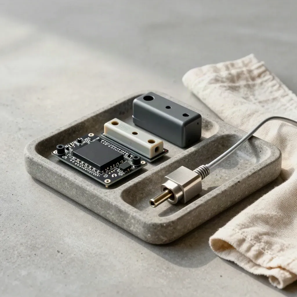 Tray of BMS, fuse holder, spacer and charger plug on stone with linen cloth.