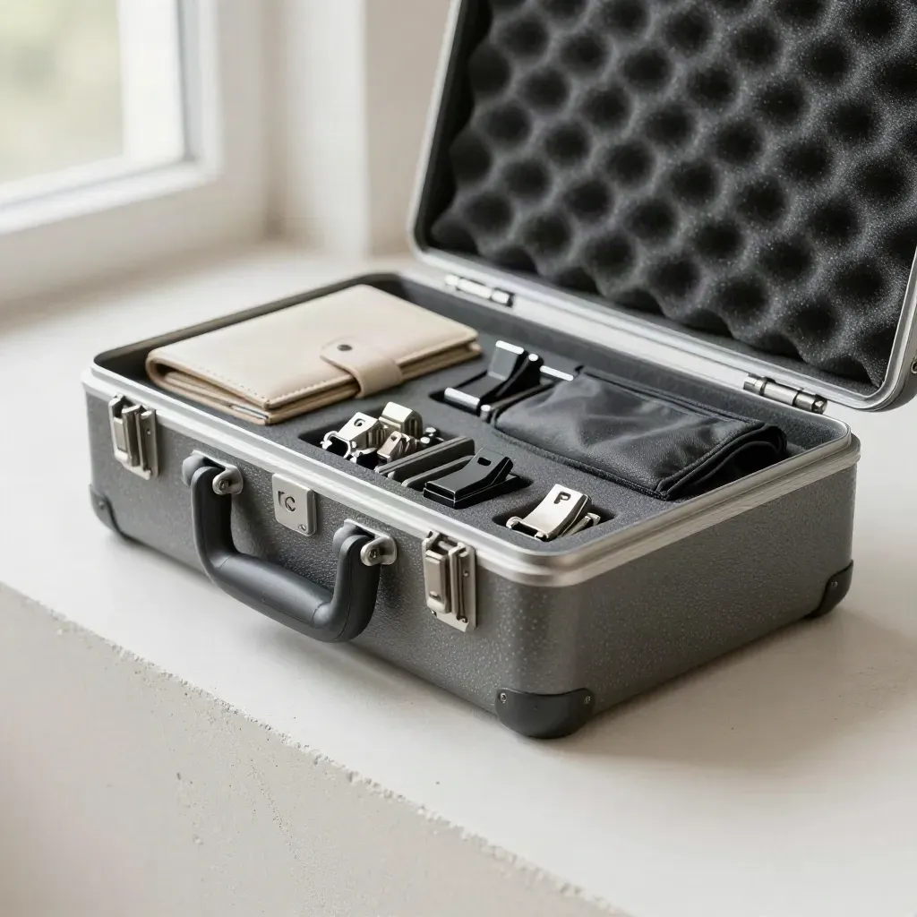 Terminal kit, cable clips, closed support wallet and rugged case on an off-white plaster surface.