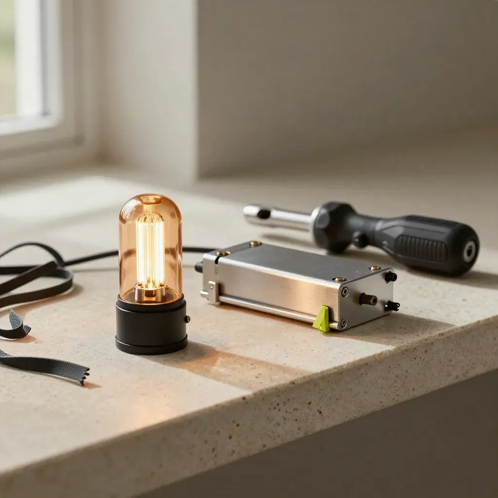 Test lamp glowing beside a clamped battery module, torque driver, and heat-shrink offcuts on stone.