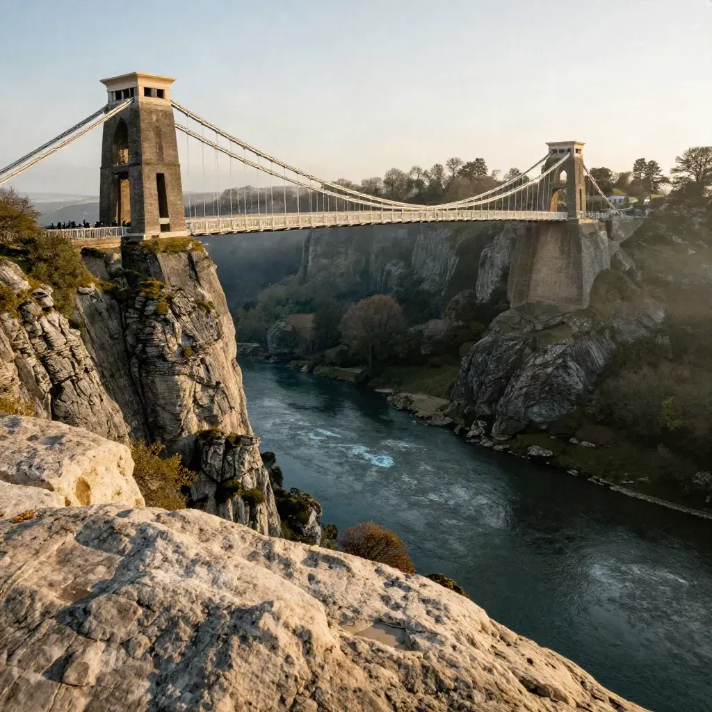Clifton Suspension Bridge glowing over misty Avon Gorge at sunset