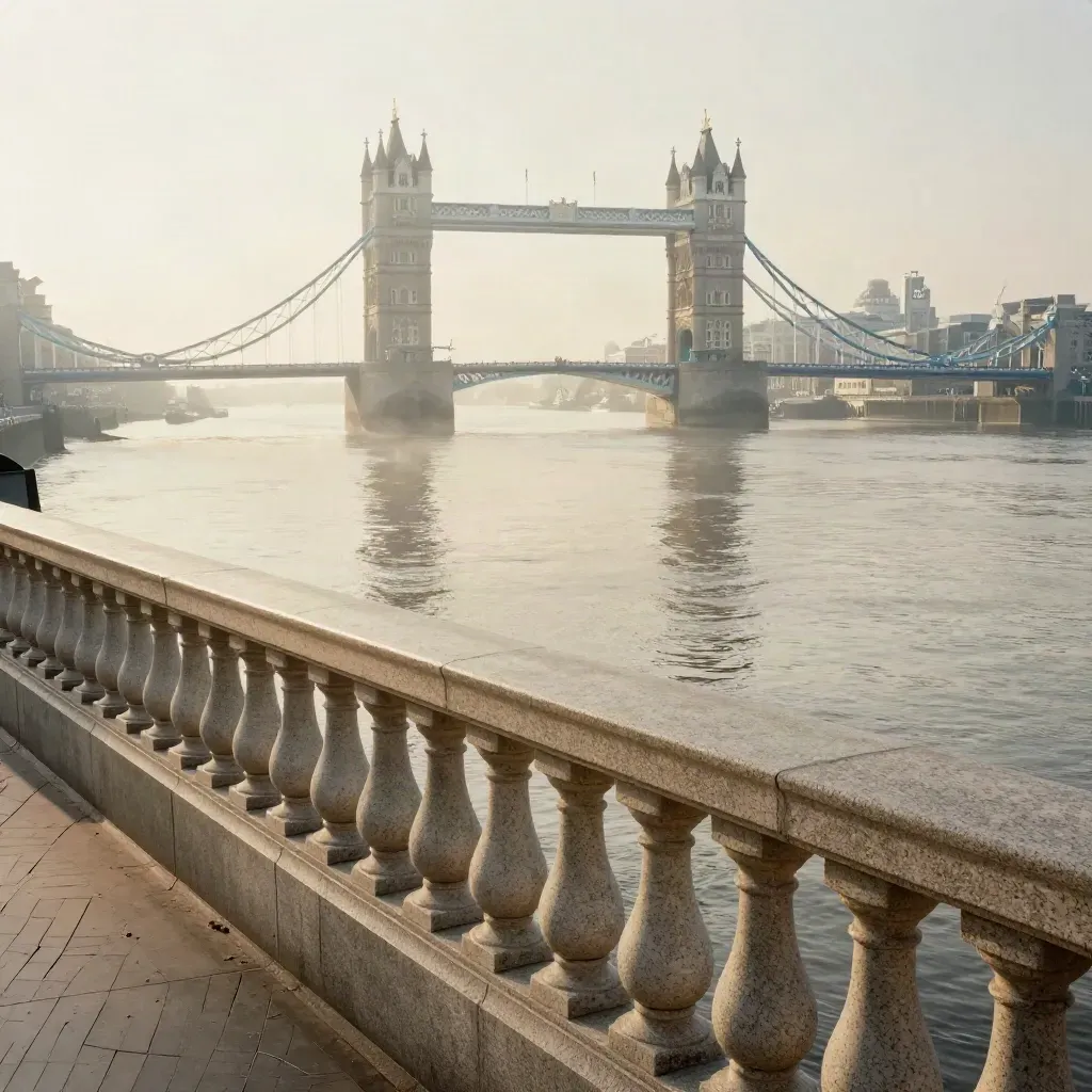 Thames view from a high terrace, Tower Bridge softened by mist and calm reflective water