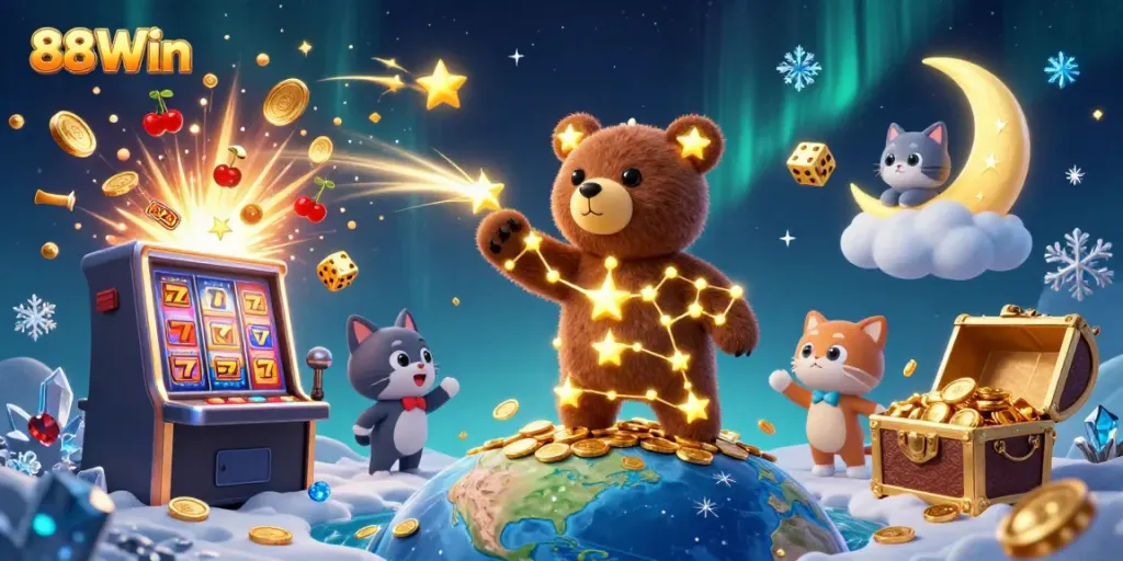 Experience thrilling gameplay at 88Win with a 3D animation of stars, coins, and jackpot excitement!