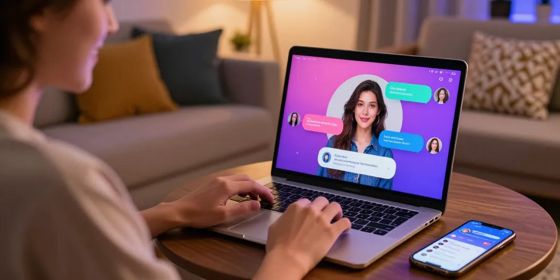 AI sex chat interaction on laptop in cozy setting, showcasing vibrant avatars and playful conversation bubbles.