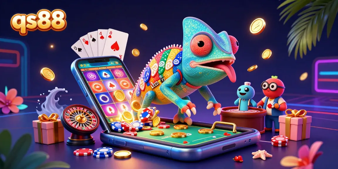 qs88 chameleon casino owner catching golden coins in a vibrant 3D casino scene