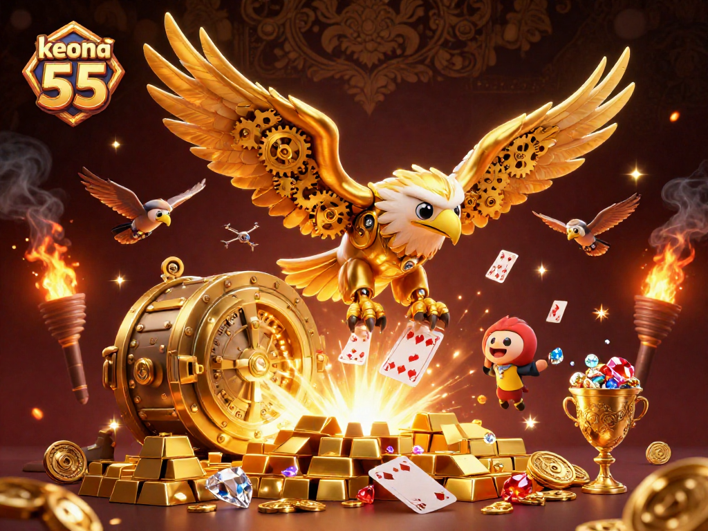 Experience excitement with keo nha cai 55 as a golden eagle dives through shimmering cards and treasure.