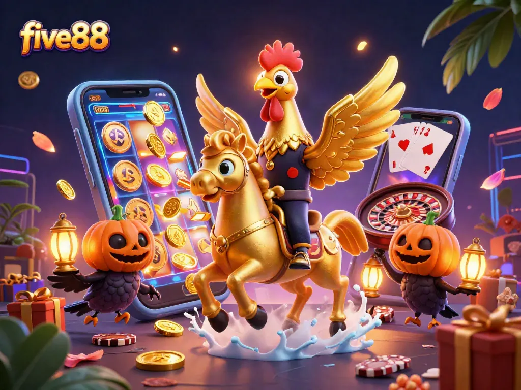 Experience the vibrant ambiance of five88 casino with golden rooster characters reveling in games and excitement.