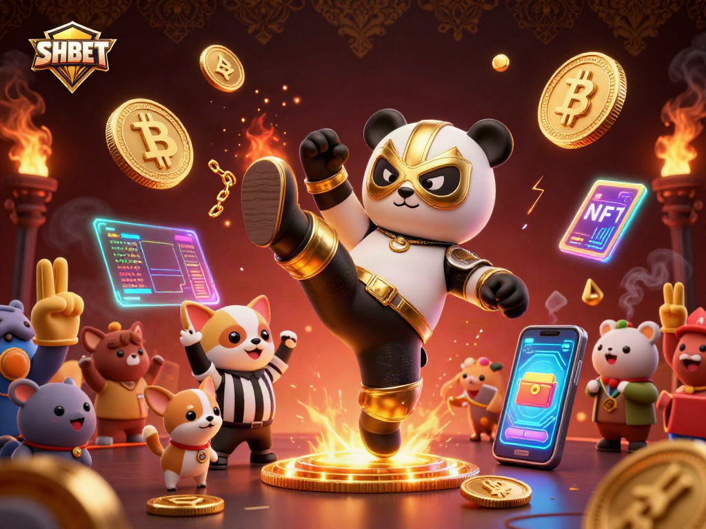 Engage with SHBET's thrilling action showcasing a panda wrestler and vibrant crypto elements in a lively casino.