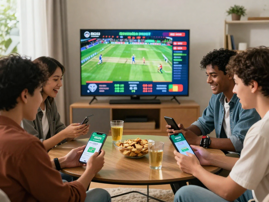 Friends experiencing live sports betting on EK333 app in a modern living room setting.
