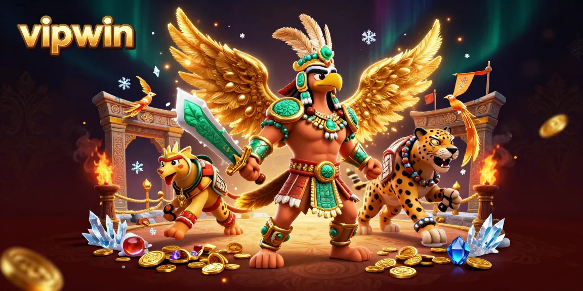 Experience thrilling gaming action at vipwin with Aztec warrior characters, a vibrant casino atmosphere, and gold coins.