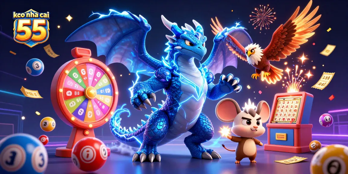 Cheer on keo nha cai 55 as colorful lottery elements and dynamic casino characters create a vibrant celebration.