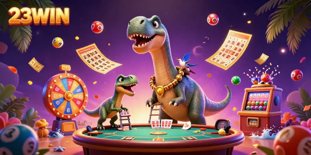 Engage in thrilling gambling fun with 23WIN's vibrant casino scene, featuring playful cartoon characters.