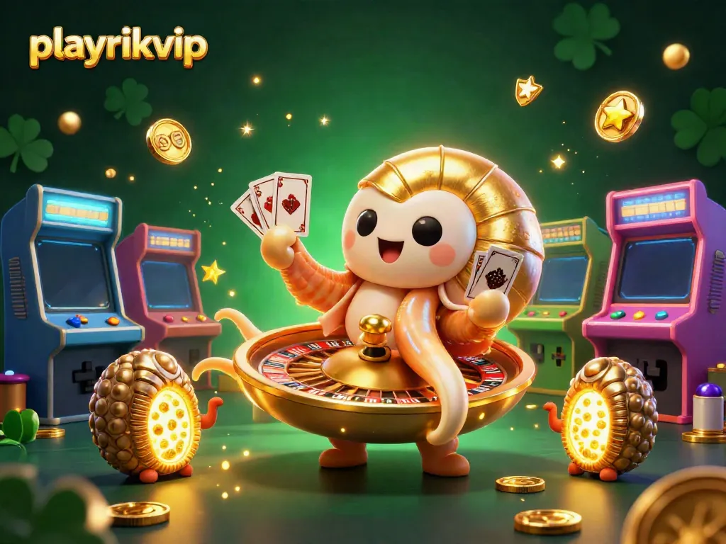 Experience the thrill of playrikvip with a vibrant 3D casino illustration featuring games and golden energy.